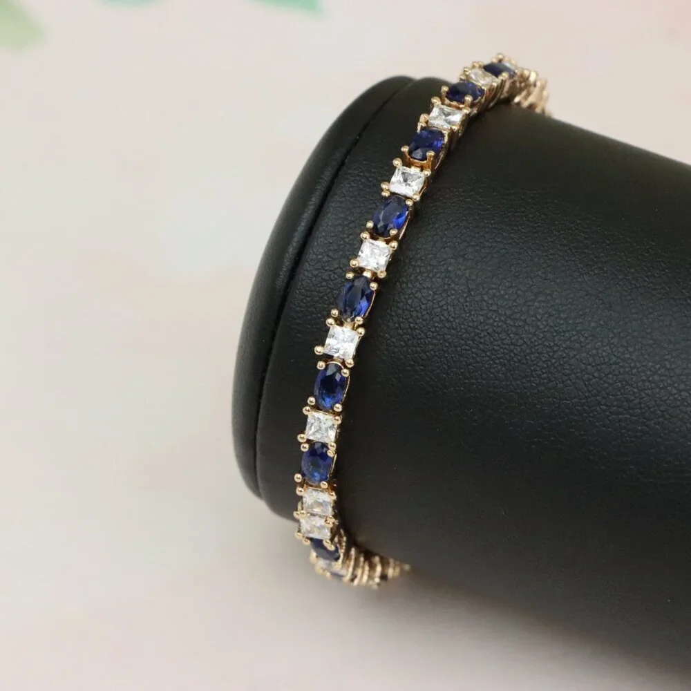 Rose Gold Bracelet with Blue & White Stones in Elegant Setting, XPBL0730